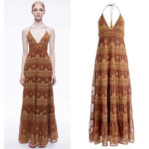Alice + Olivia Karolina Embroidered Gold and Camel Tiered Maxi Dress Size 12 - Picture 2 of 11